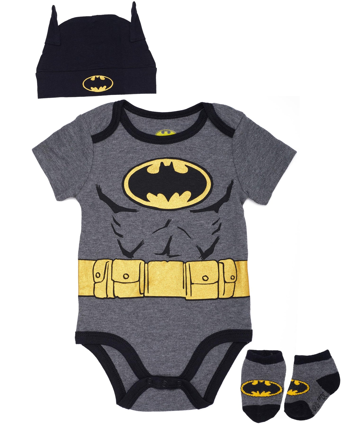DC Comics Batman Baby Clothes 3-Piece Set with Bodysuit Baby Hat and Baby Socks - Batman Baby Gift Set (Black/Yellow 0-3M)